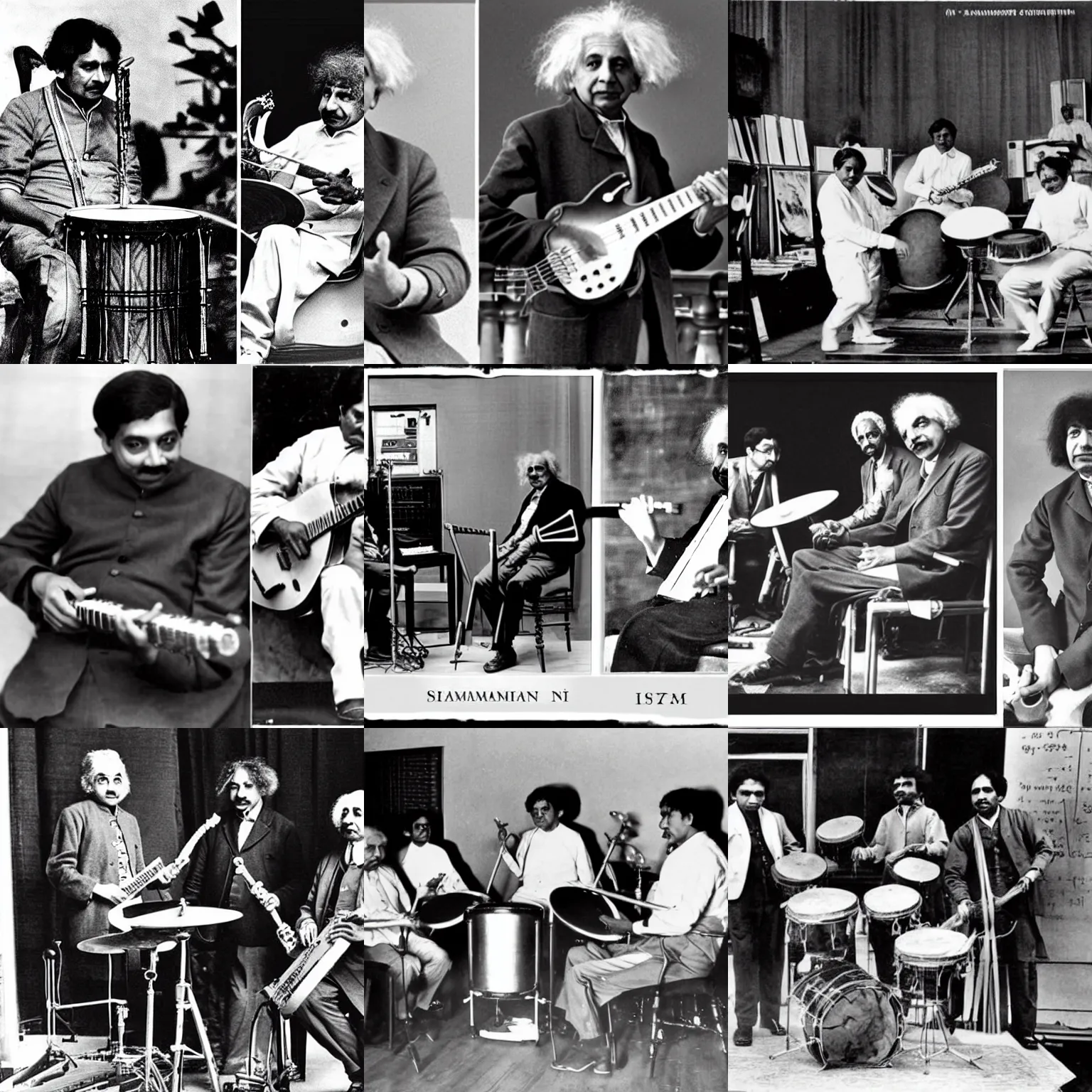 Prompt: Famous mathematician Srinivasan Ramanujan playing drums. Albert Einstein playing the Guitar. Issac Newton playing the Synth.
