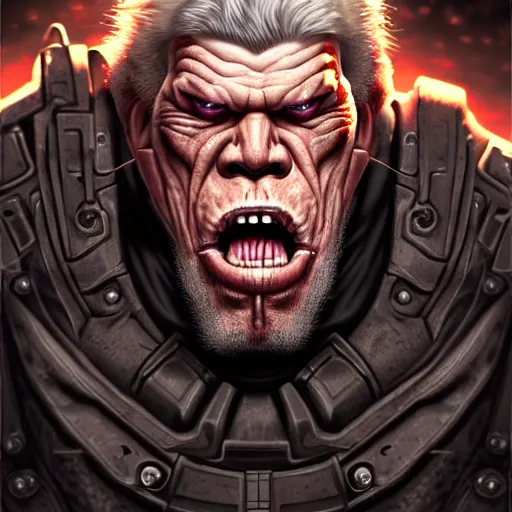 Image similar to battle - scarred ron perlman, sneering grin, sci - fi, gritty, shadowrun splash art, art by artgerm, intricately detailed, highly detailed, trending on artstation, 4 k, wallpaper - 1 0 2 4