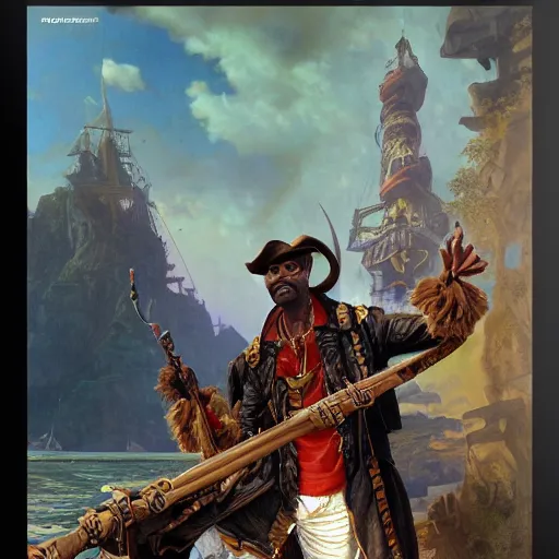 Image similar to chris rock dressed as a pirate, by adolf hiremy - hirschl and greg rutkowski and alphonse mucha, cosmic, intricate detail, cinematic, 8 k, cel shaded, unreal engine, featured on artstation, pixiv