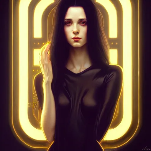 Image similar to Portrait of a beautiful pale skin Eastern European female with long black hair, dark eyes, elegant clothing, photorealistic, highly detailed, artstation, smooth, sharp focus, gold ornaments, neon lighting, sci-fi, art by Klimt, artgerm, Greg Rutkowski and Alphonse Mucha