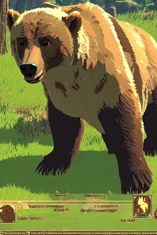 Image similar to in game footage of a grizzly bear from the legend of zelda breath of the wild, breath of the wild art style.