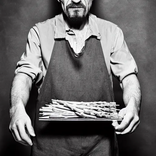 Image similar to walter white eating asparagus, photography