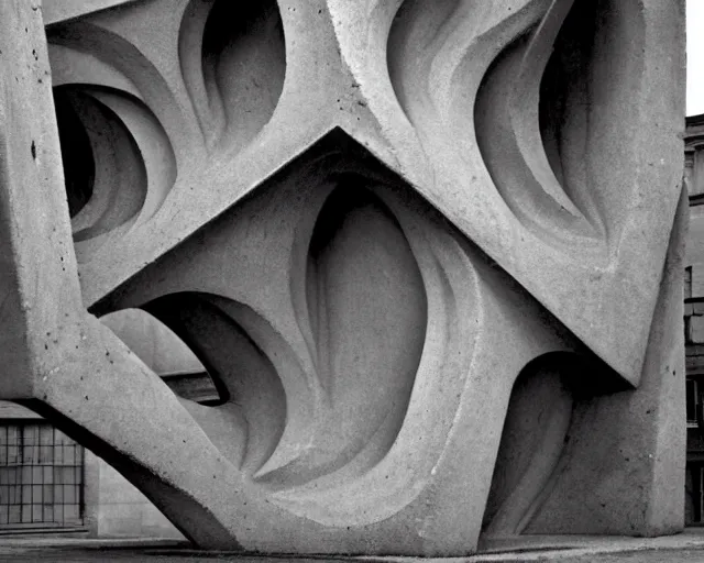 Prompt: by francis bacon, escher, mystical photography evocative. an fractal concrete carved sculpture, standing in a city center.