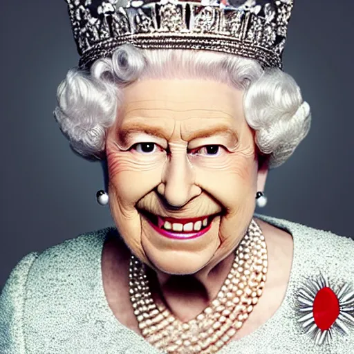 Image similar to the queen of england grinning rudely and pointing her middle finger, in a magazine cover photo. highly detailed hands