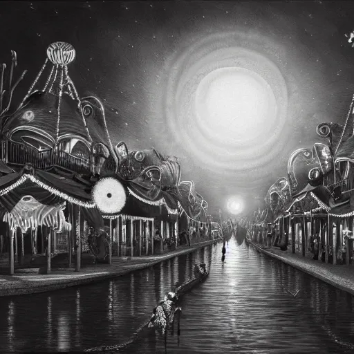 Image similar to ultra realist soft painting of a curiosities carnival by night, horror, omnious sky, symmetry accurate features, very intricate details, black and white, volumetric light clouds