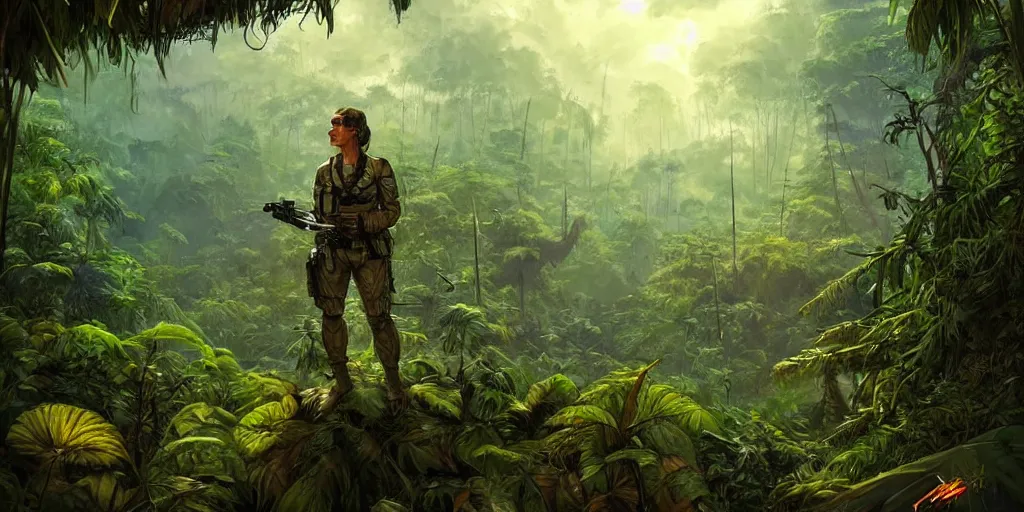 Prompt: an intricate concept art of a military pilot standing in the middle of a jungle, tribe huts in the jungle, large trees and wild plants, sci - fi art, star wars inspired, cinematic lighting, artstation, art by tony sart,