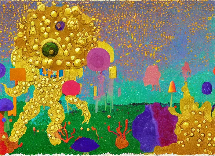 Image similar to pixel decollage painting golden armor alien zombie horseman riding on a crystal bone dragon broken rainbow diamond maggot horse in a blossoming meadow full of colorful mushrooms and golden foil toad blobs in a golden sunset, distant forest horizon, painted by Mark Rothko, Helen Frankenthaler, Danny Fox and Hilma af Klint, pixelated, neo expressionism, semi naive, pastel colors, cinematic, color field painting, cave painting, voxel, pop art look, outsider art, minimalistic. Bill Traylor painting, part by Philip Guston and Francis Bacon. art by Adrian Ghenie, very coherent symmetrical artwork, cinematic, hyper realism, high detail, octane render, unreal engine, Smooth gradients, depth of field, full body character drawing, extremely detailed, 8k, extreme detail, intricate detail, masterpiece