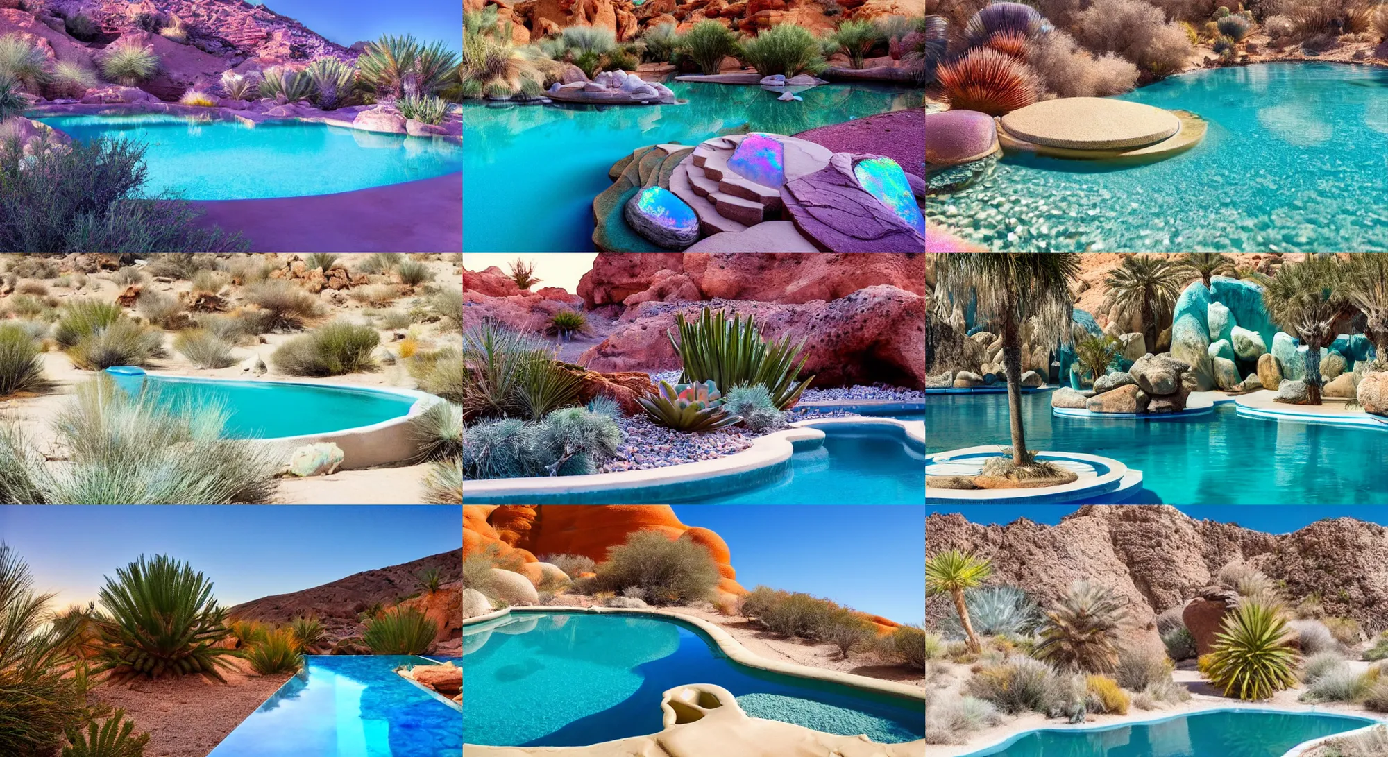 Prompt: photo of a magical fantasty desert Oasis, Surrounded by iridescent rocks, pool filled with opalescent water, magical realism