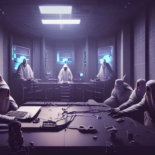 Prompt: Cultists in robes in a cyberpunk control room, ultra realistic, concept art, intricate details, eerie, highly detailed, photorealistic, octane render, 8k, unreal engine, art by Andrew Andreev