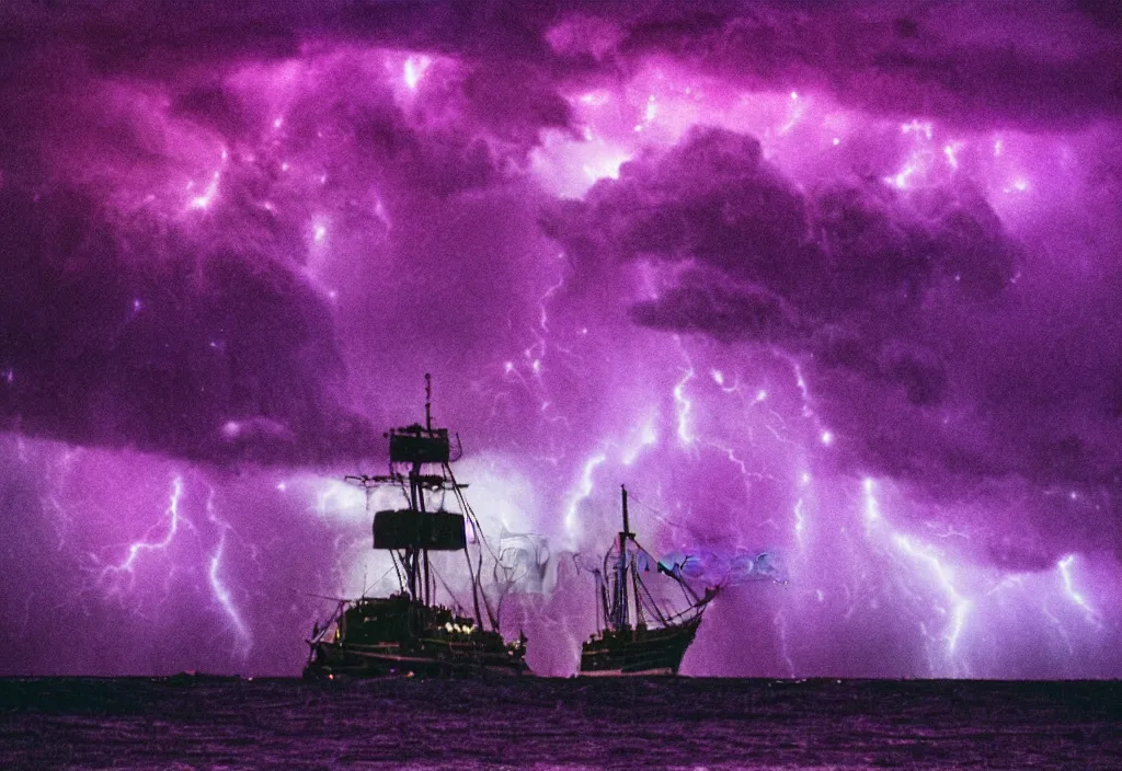 Image similar to purple color lighting storm with stormy sea,pirate ship firing its cannons with a water spout in the background. trippy nebula sky 50mm shot, fear and loathing movie