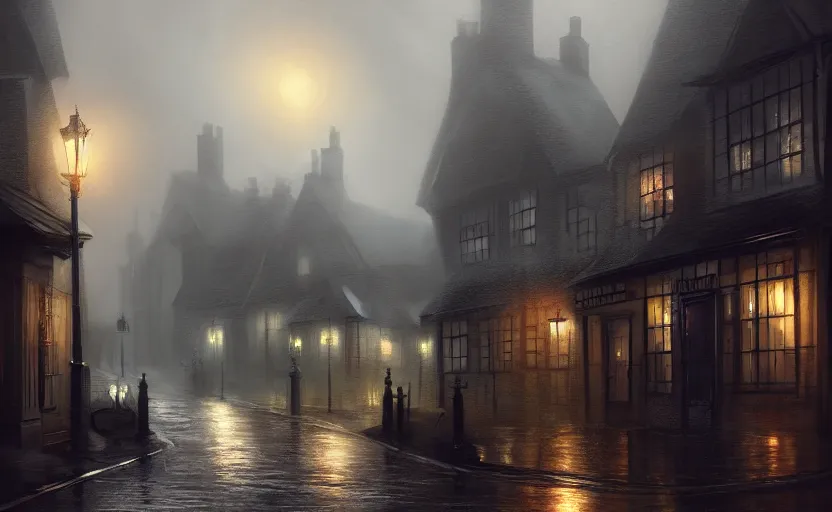 Image similar to extreme long shot concept art depicted rainy old england town, dramatic mood, cozy environment, inspired by legends of runeterra, trending on artstation, unreal engine