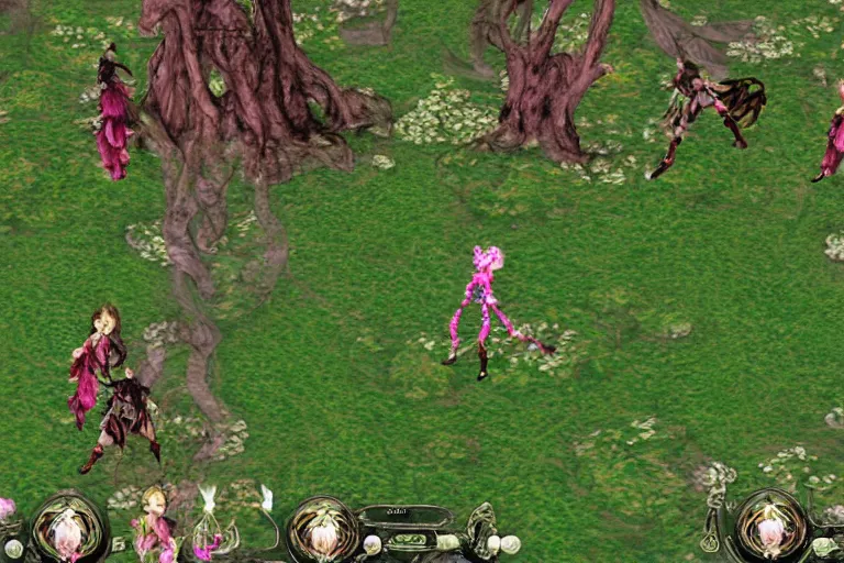 Prompt: cute female forest spirit wearing ornate floral cybernetic hungarian valentino resort dress in a 3 d psx ps 2 jrpg style, esoteric magical alien meadow ritual environment, fashion gameplay battle sequence screenshot with ui hud elements, highly detailed, atelier, xenogears