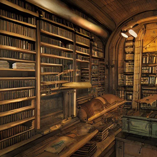 Image similar to steampunk oceanographer study, maps crowding the walls, bookshelves, paintings of ocean topography, sonar equipment, marine biologist lab, bookshelves, incandescent lighting, unreal engine, bibliopunk