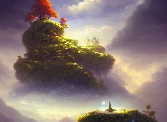 Prompt: a castle floating in the sky above an autumn forest, voluminous clouds, floating rocks, fantasy digital painting, stunning intricate details, artwork by peter mohrbacher, cyril rolando
