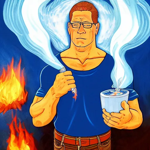 Image similar to hank hill as the god of propane, white tshirt, blue jeans, surrounded by blue fire, surrounded by blue flames, renaissance religious painting, late gothic religious paintings, byzantine religious art, trending on artstation