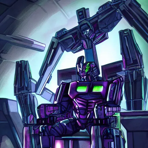 Image similar to colored picture of megatron sitting on a throne in cybertron; trending on artstation