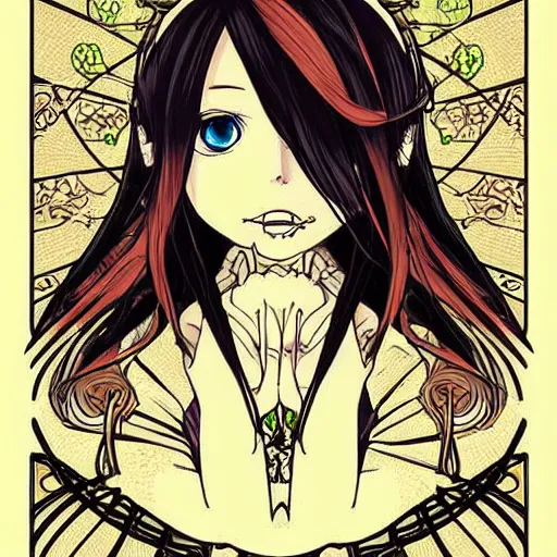 Image similar to anime manga skull portrait woman female wearing hoodie disney cartoon skeleton illustration style by Alphonse Mucha pop art nouveau