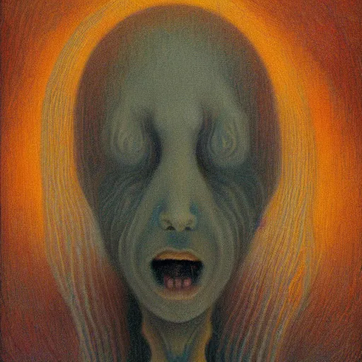 Prompt: Beautiful portrait painting of a ghost having a delightful dream of hell, oil on canvas, very detailed, by Jean Delville, 4k, existential horror