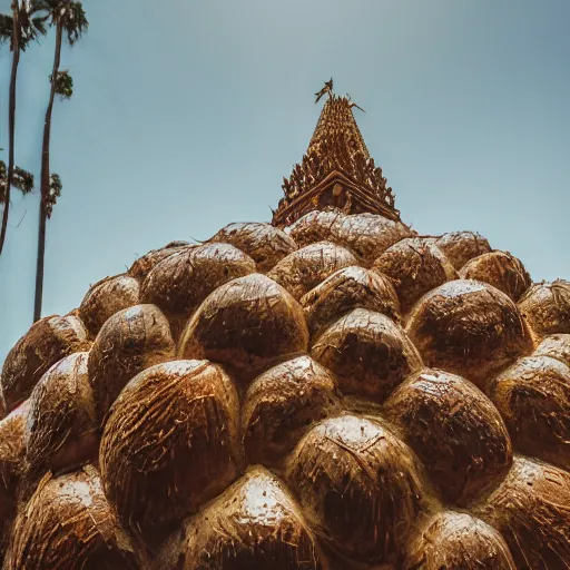 Image similar to symmetrical photo of giant coconut sculpture on red square, super wide shot, bokeh