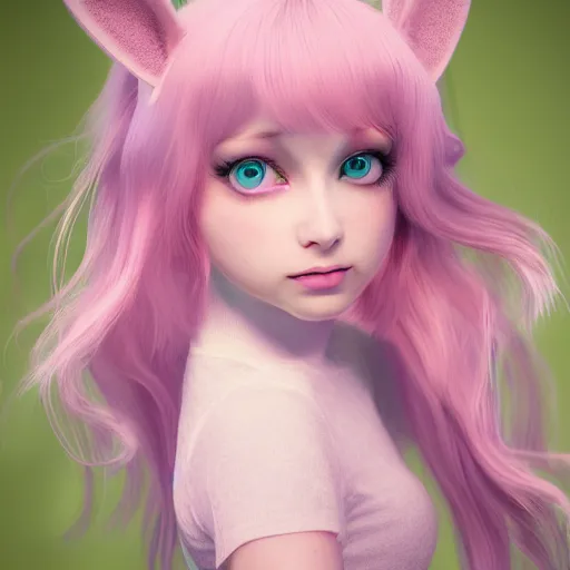 Image similar to ultrarealistic sweet bunny girl, intricate details, green eyes, 8K, long hair, fluffy, pink, lollipop, high octane render