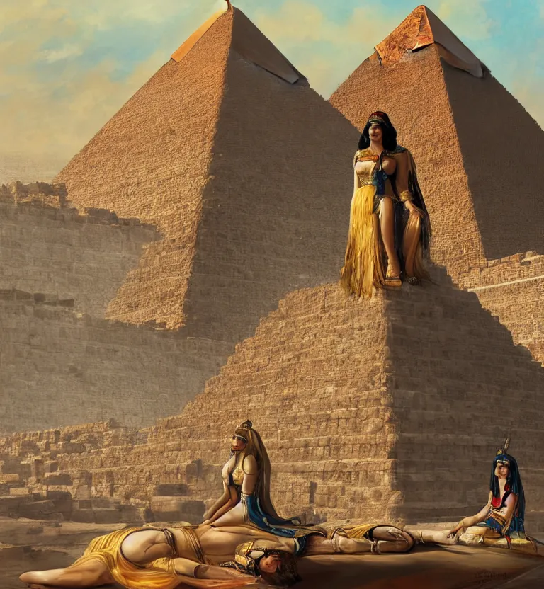 Image similar to a concept painting showing cleopatra on her throne at top of the great pyramid of giza. good quality, good light, anatomically correct, digital art, artstation 8 k