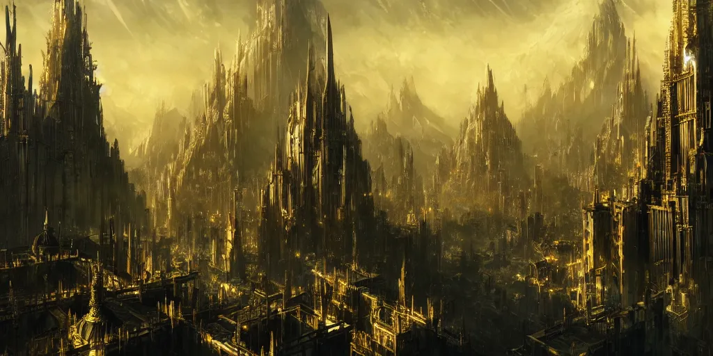 Prompt: majestic epic elven city made of gold, high towers. In style of Yoji Shinkawa and Hyung-tae Kim, trending on ArtStation, Greg Rutkowski, dark fantasy, great composition, concept art, highly detailed, scenery, 8K.