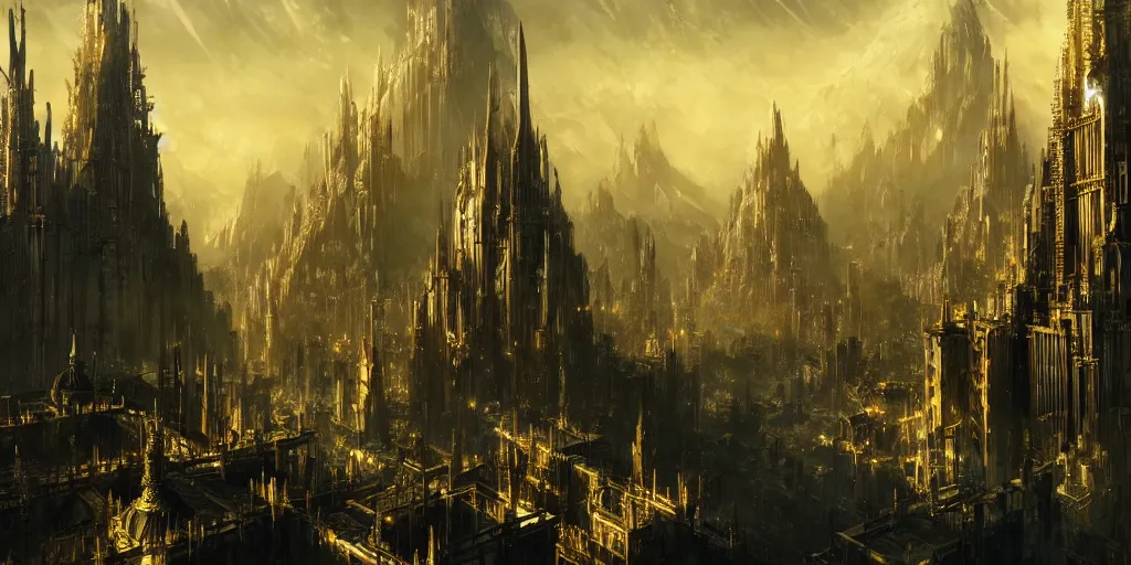 Image similar to majestic epic elven city made of gold, high towers. In style of Yoji Shinkawa and Hyung-tae Kim, trending on ArtStation, Greg Rutkowski, dark fantasy, great composition, concept art, highly detailed, scenery, 8K.