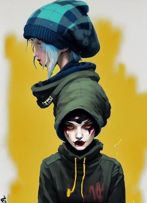 Image similar to highly detailed portrait of a sewer punk lady student, blue eyes, tartan hoody, hat, white hair by atey ghailan, by greg rutkowski, by greg tocchini, by james gilleard, by joe fenton, by kaethe butcher, gradient yellow, black, brown and cyan color scheme, grunge aesthetic!!! ( ( graffiti tag wall background ) )