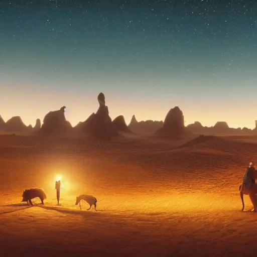 Image similar to adventuring party, enchanted desert plateau melting landscape, night time, lights in distance, cgsociety, realistic, roger deakins, 70mm, kodachrome, 8k