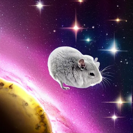 Image similar to chinchilla floating in space with galaxy in background