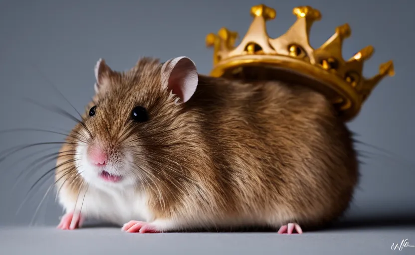 Image similar to studio photography of a king hamster with a crown and a coat, detailed face, cinematic lighting,, 8 k