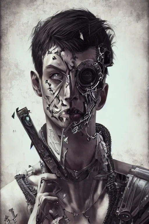 Image similar to portrait of beautiful young gothic man, warhammer, a lot of scars, readhead, the future ages, cyberpunk, highly detailed, artstation, illustration, art by tristan eaton, 8 k quality