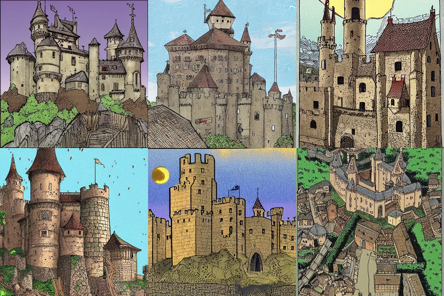 Prompt: medieval castle, colored, by Inio Asano