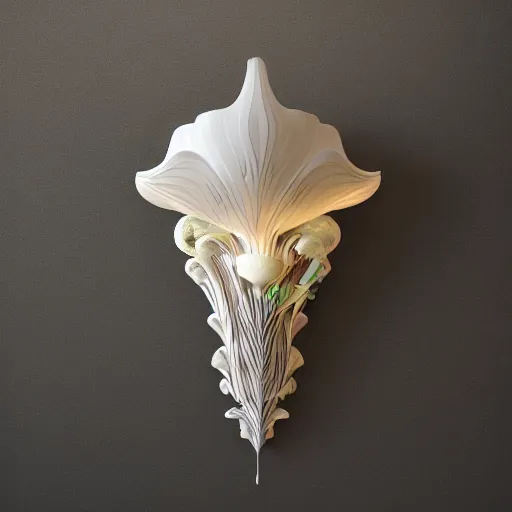 Prompt: wide symmetrical art nouveau wall light with filigree faberge orchid betta spiral mushrooms forest organic natural forms designed by giger, white 3 d print, 8 k, octane render