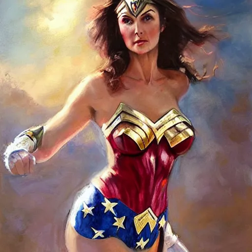 Prompt: portrait of Lynda Carter as Wonder Woman in the morning sun, Danile Gerhartz, oil painting