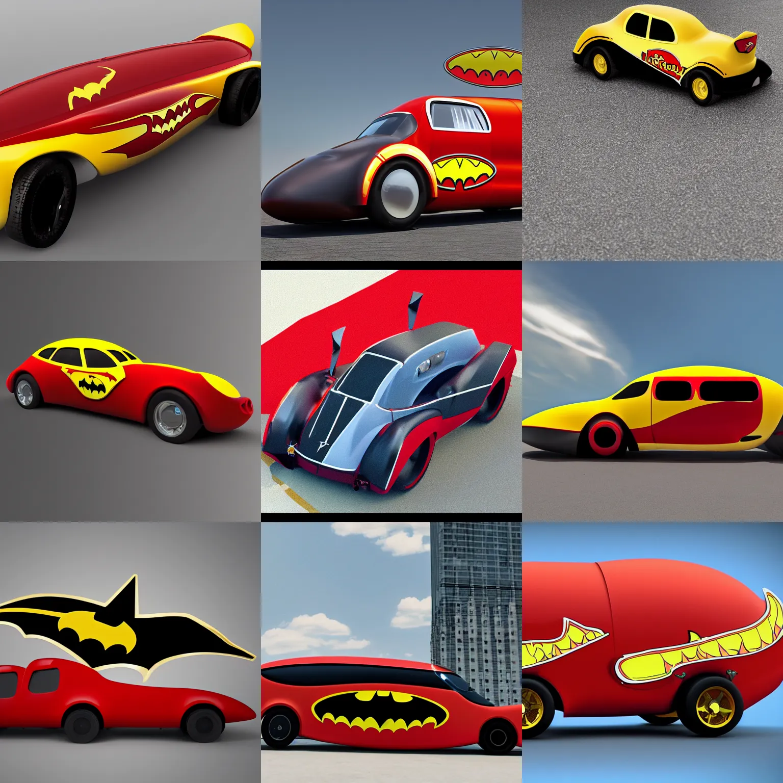 Prompt: Batmobile in the shape of the oscar Meyers car wienermobile, stylized, realistic, 4k