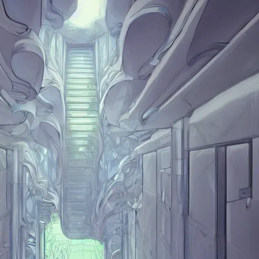 Image similar to a woman made of slime in a bright white hallway with many doors and many stairs, Mc Escher architecture, epic composition, by Makoto Shinkai