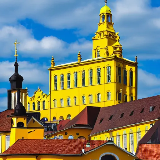 Prompt: a large yellow building with a steeple on top of it, on a hill, a flemish baroque by karl stauffer - bern, unsplash, heidelberg school, panorama, wimmelbilder, romanesque, danube school, pixabay contest winner