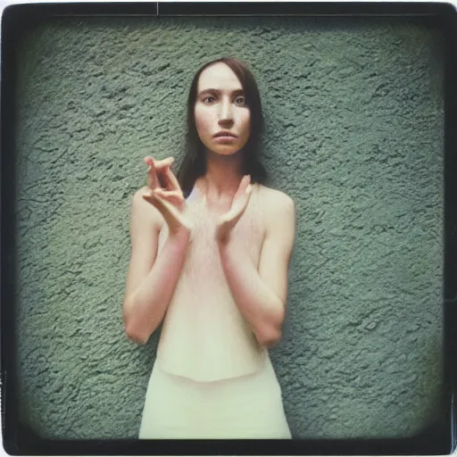 Prompt: a young woman is posing for a picture, a polaroid photo by brad kunkle, featured on flickr, art photography, photo taken with provia, ilya kuvshinov, photo taken with ektachrome