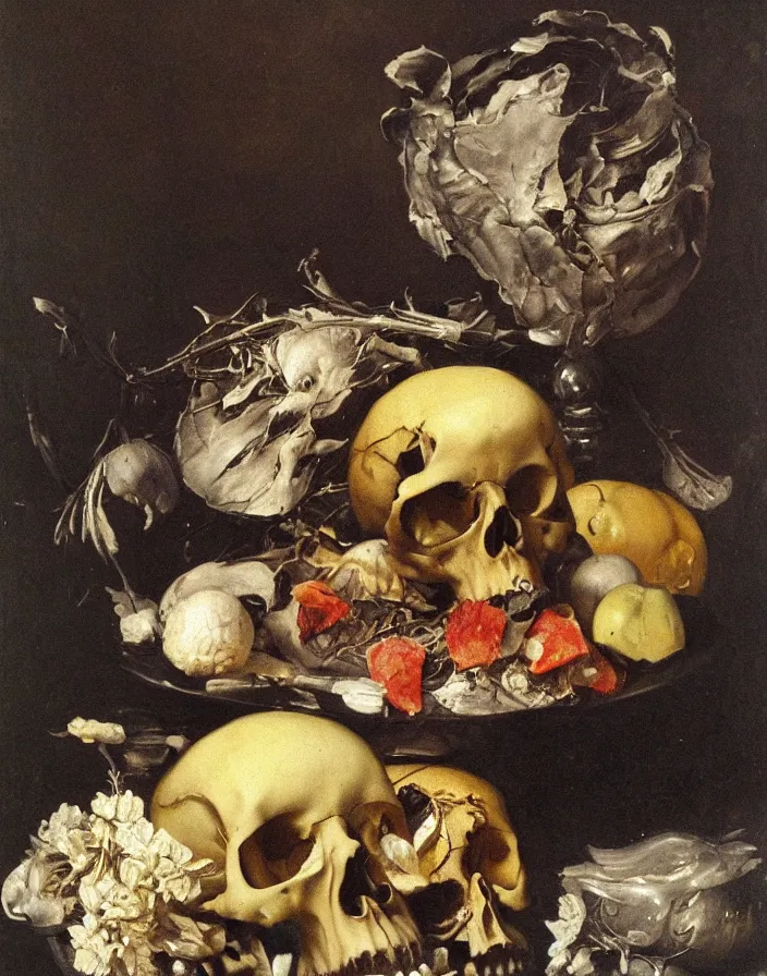 Prompt: beautiful still life oil painting with one skull on a silver platter surrounded by dead flowers and rotten fruit, light from one candle by Diego Velázquez and francisco goya, anatomical, realistic, wet, slimy