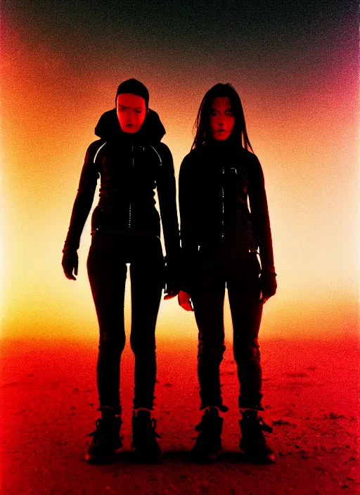 Image similar to cinestill 5 0 d photographic portrait of two female android lovers wearing rugged black techwear on a desolate plain with a red sky, extreme closeup, lizard on ground, cyberpunk style, in front of a brutalist dark metal facility, dust storm, 8 k, hd, high resolution, 3 5 mm, f / 3 2, ultra realistic faces