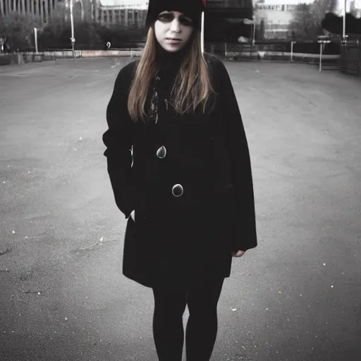 Image similar to an emo goth girl wearing a black beanie hat, British street background, black hair, 2006