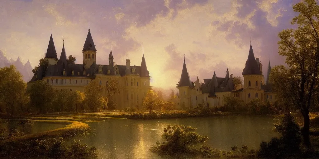 Image similar to beautiful illustration of chateau in a serene landscape, by albert bierstadt, magic realism, glowing clear castle lines, narrative realism, beautiful matte painting, heavenly lighting, retrowave, 4 k hd wallpaper, rim light