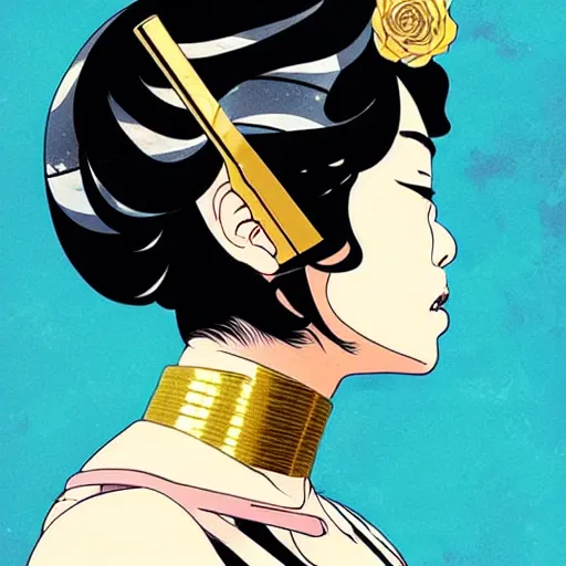 Prompt: portrait of japanese woman :: side profile :: in ocean :: guns metallic details :: gold :: blood and roses :: by MARVEL comics and Sandra Chevrier