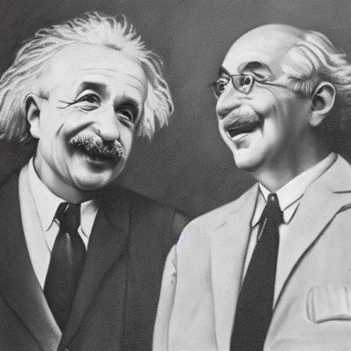 Image similar to Portrait of Albert Einstein and Leo Szilard smiling to each other, oil painting