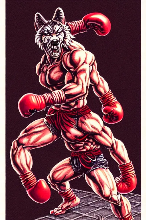 Image similar to extreme long shot. 8 bit nes graphics. antropomorphic muscular masculine wolf. kickboxer fighter, in shorts. wolf head. angry. fine details, very sharp, art from nes game cartridge, 8 0's, vhs artefacts, vaporwave style, marc simonetti and hermann nitsch and anish kapoor.