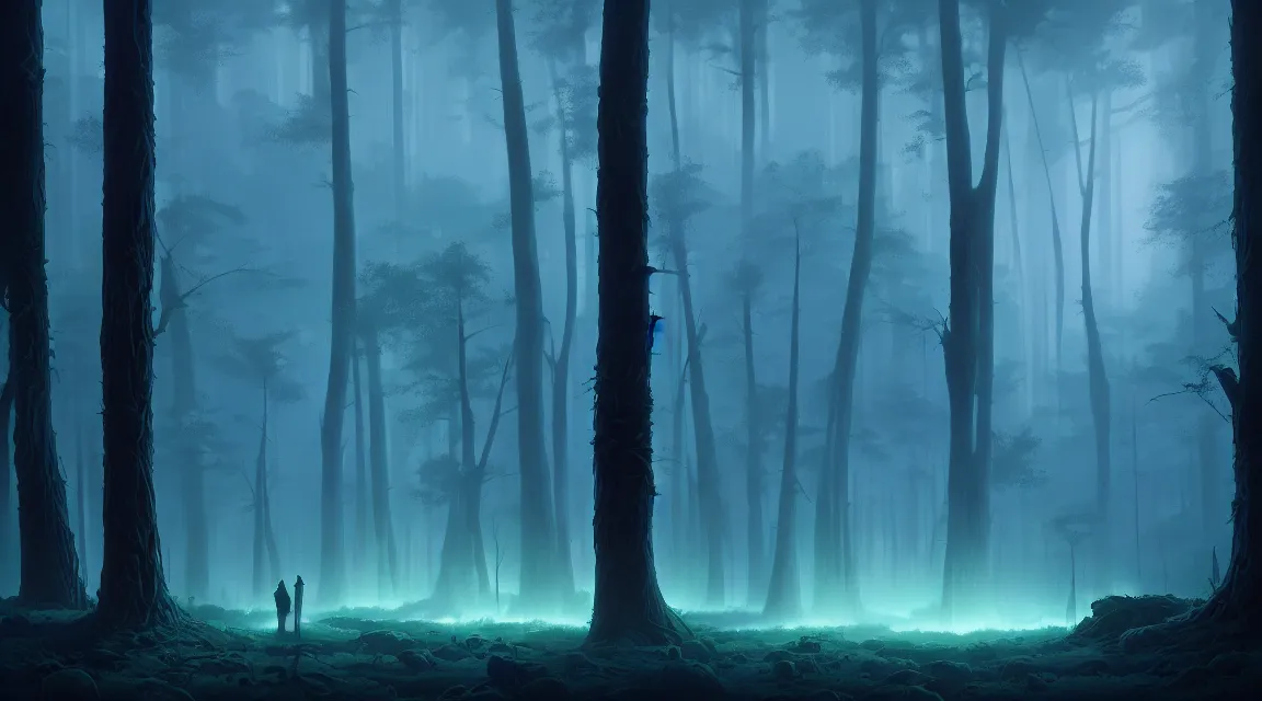 Prompt: matte painting will o the wisp clearing in forest at night. forest is lit by eerie blue glow. ghost. digital painting. digital render. beeple. noah bradley. cyril roland. dan mumford. naomi okubo. trending on artstation.