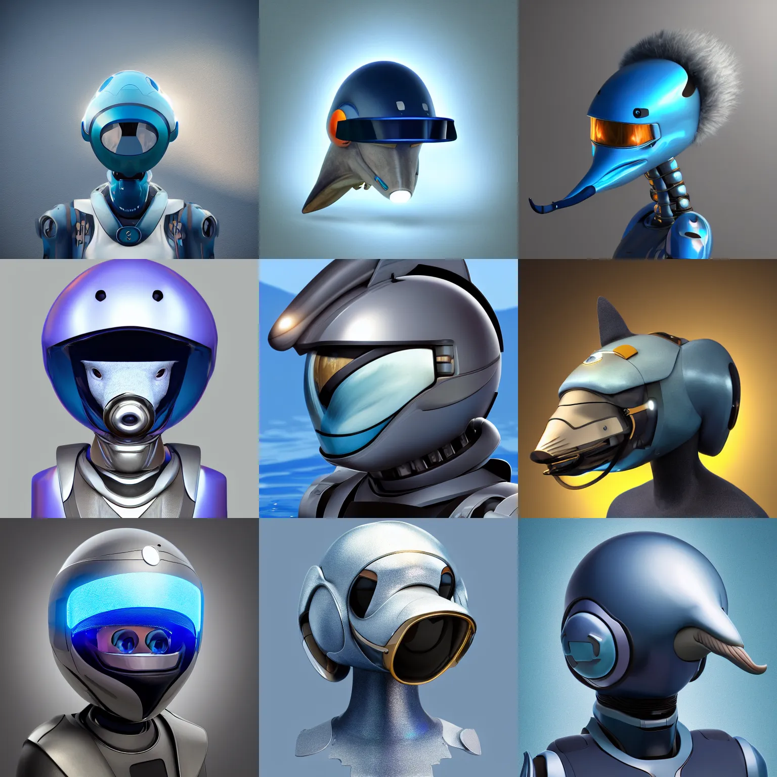 Prompt: very very beautiful furry art, bust profile picture of a robotic anthro bottlenose dolphin, face covered by opaque visor, truncated bulbous snout under visor, round shapes, all dark blue metal, commission on furaffinity, cgsociety, octane render