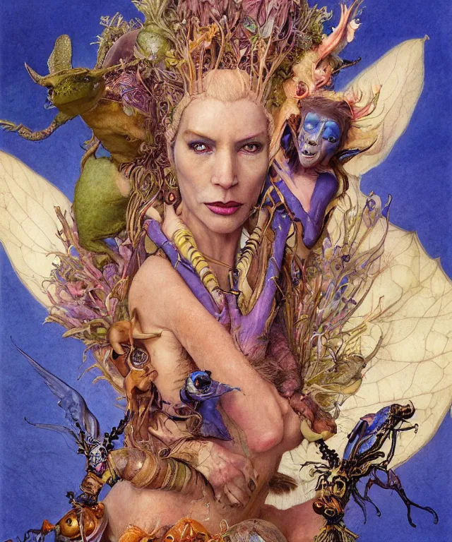Image similar to a portrait photograph of a meditating fierce colorful harpy antilope super villian queen with slimy amphibian scaled blue skin. she is wearing a living organic dress. by donato giancola, hans holbein, walton ford, gaston bussiere, peter mohrbacher and brian froud. 8 k, cgsociety, fashion editorial
