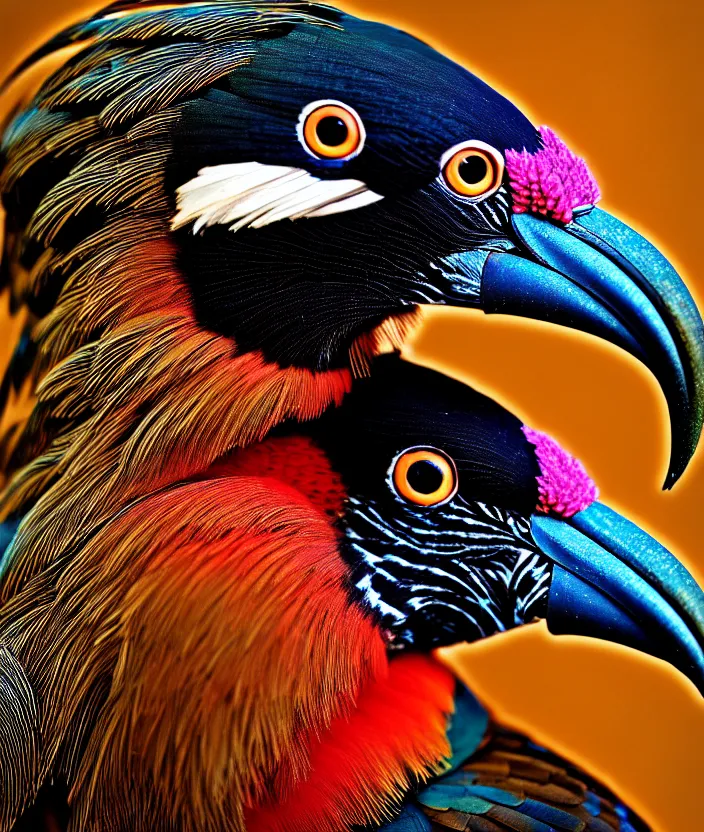 Image similar to a high resolution realistic photo portrait of a birdlike creature made of birds merged, bower bird creature wrinkles pheasant, complex feathers exotic morphing hoopoe, morphing wings king vulture head
